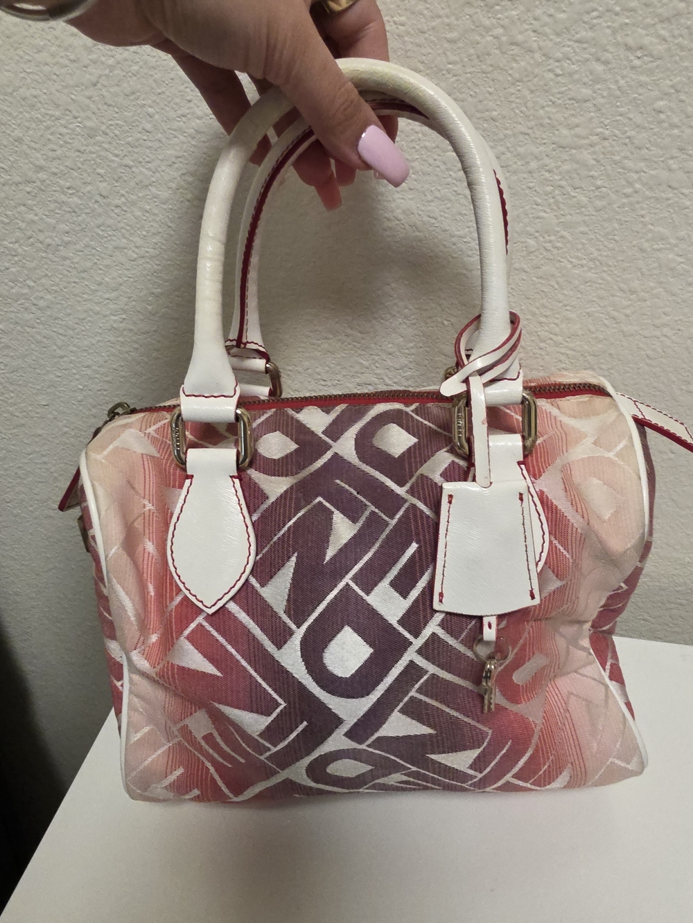 Fendi White & Pink Patterned Bauletto Boston Bag